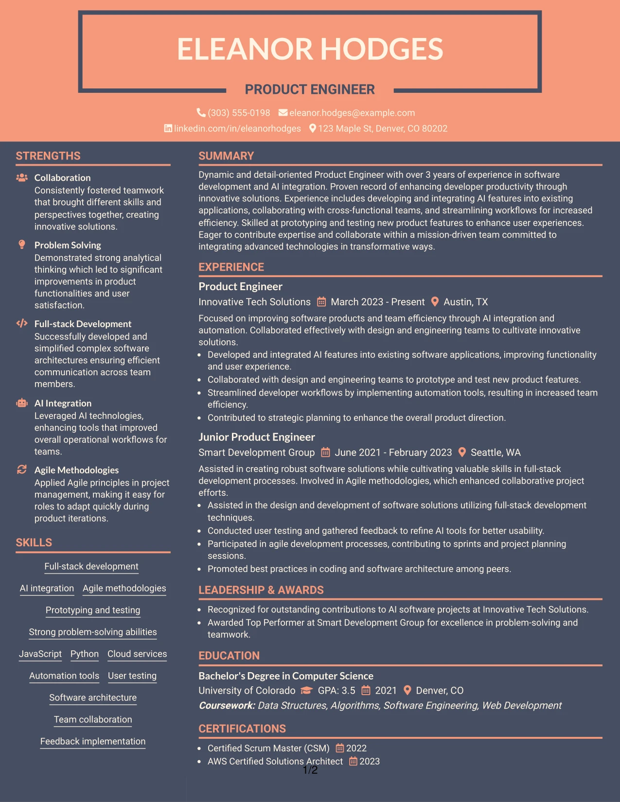 Resume Example Page 1