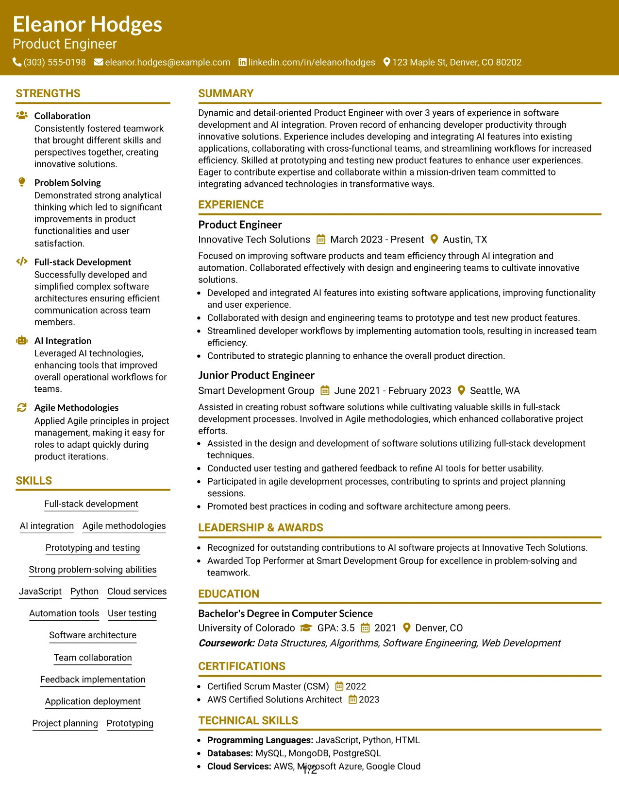 Resume Example Page 1