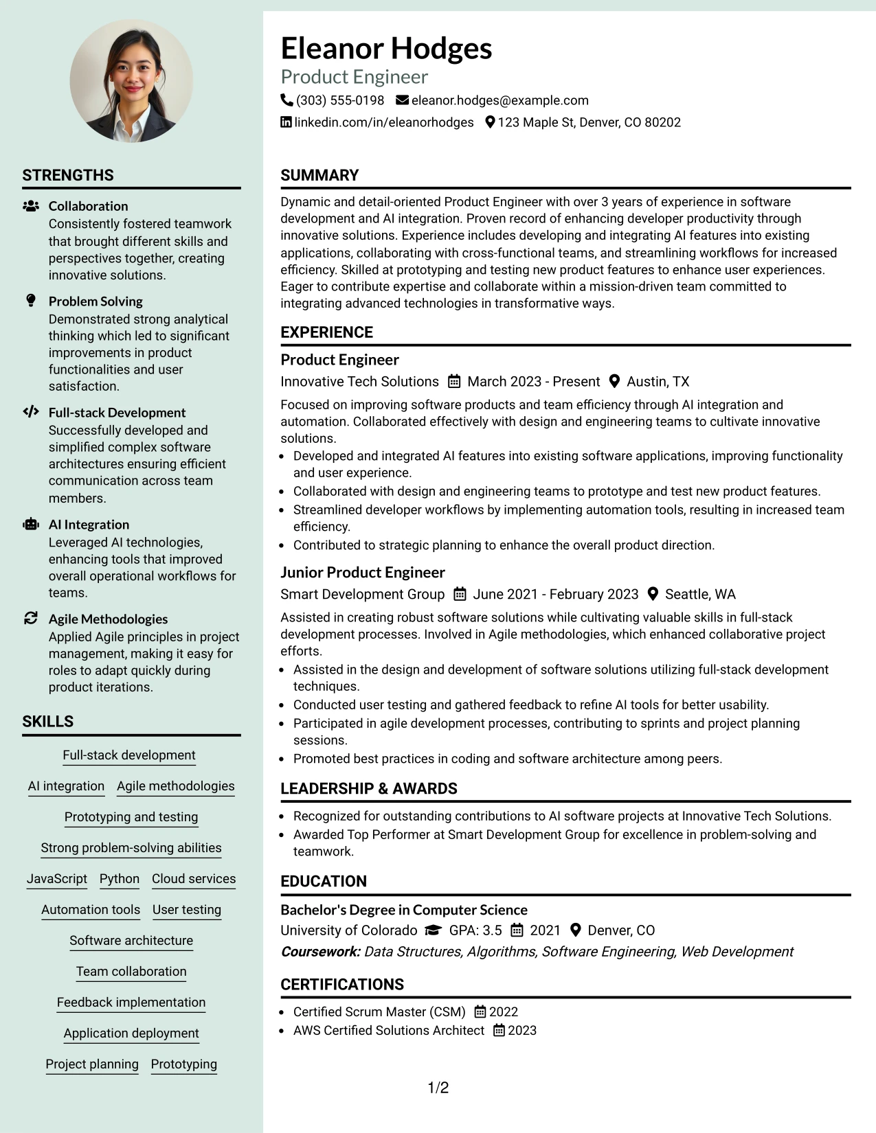 Resume Example Page 1