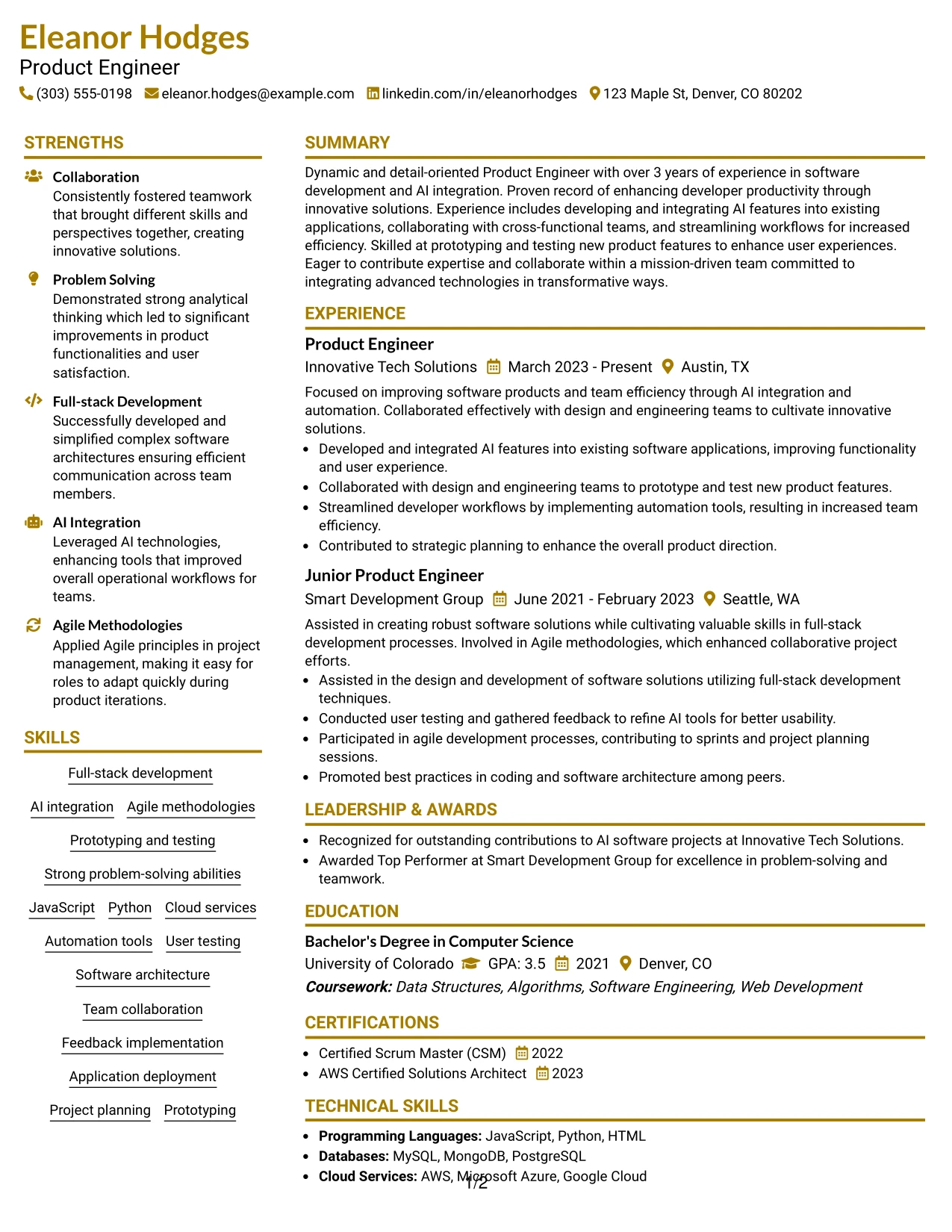 Resume Example Page 1