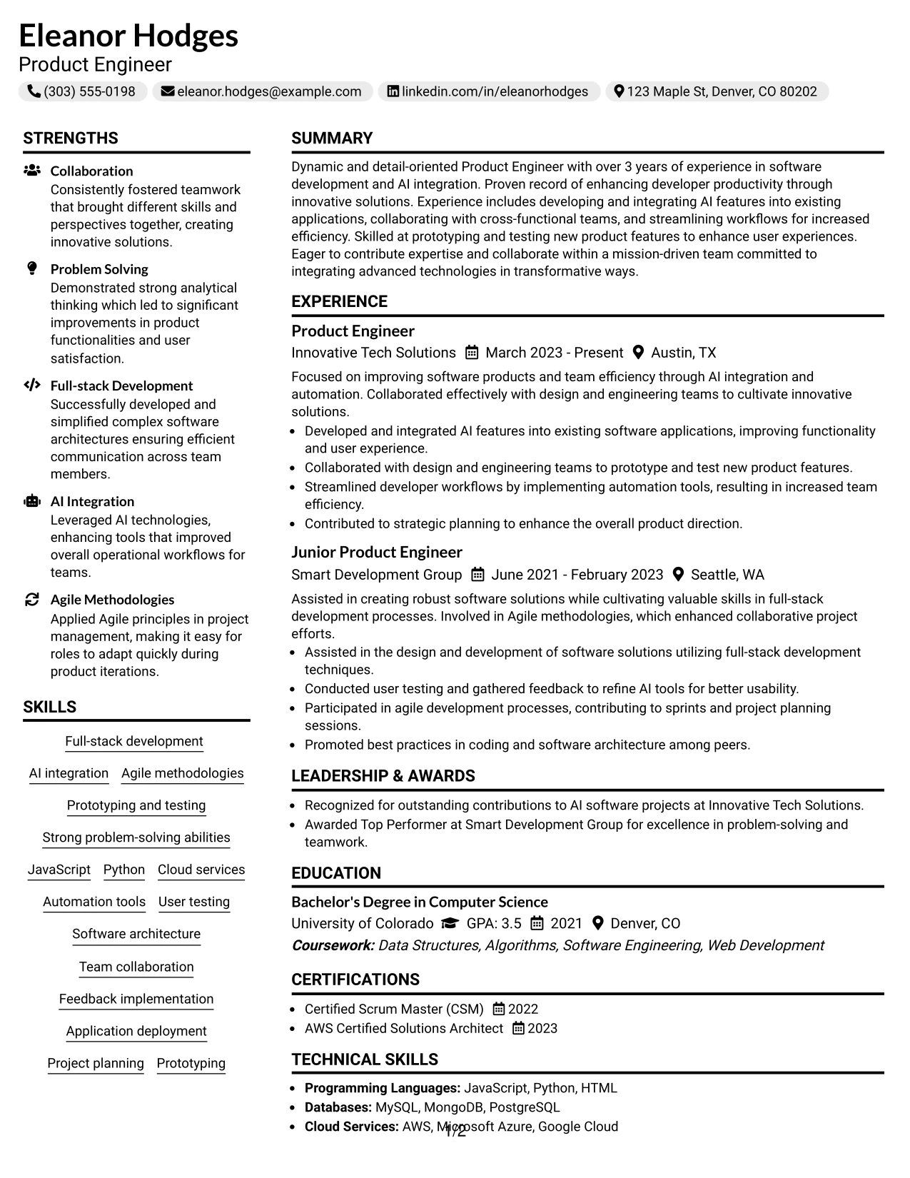 Resume Example Page 1