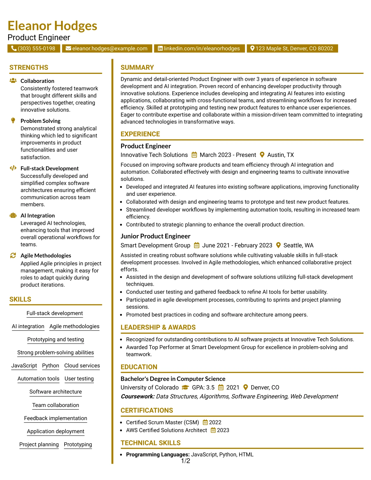 Resume Example Page 1