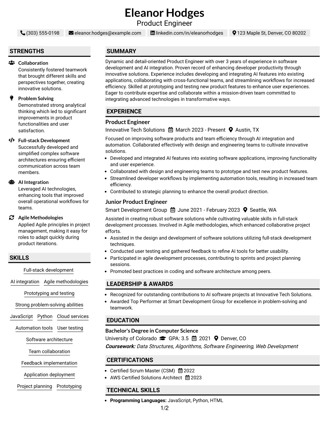 Resume Example Page 1