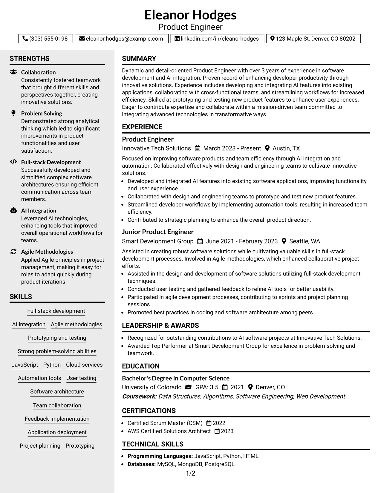 Resume Example Page 1