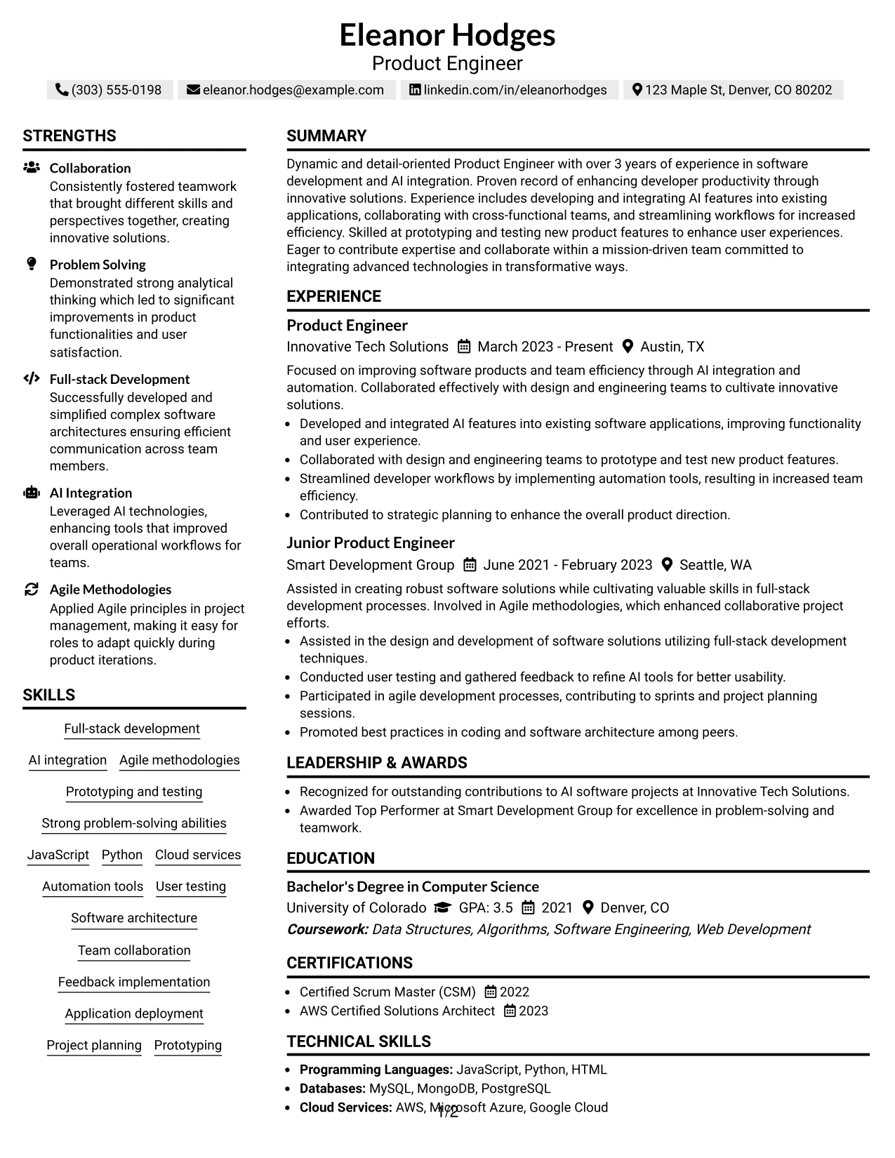 Resume Example Page 1
