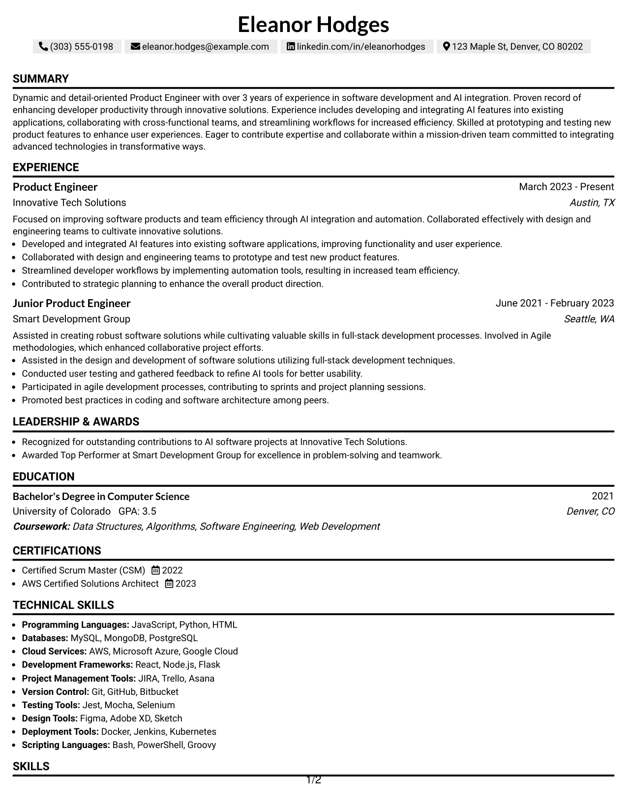 Resume Example Page 1