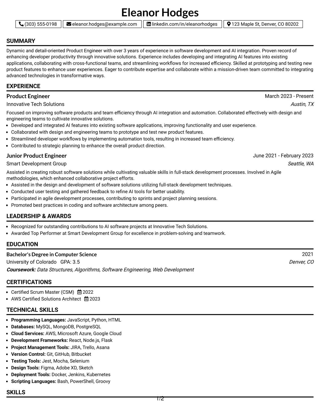 Resume Example Page 1