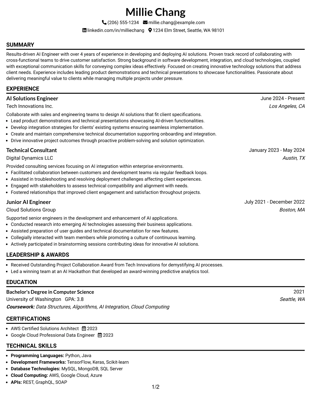 Resume Example Page 1