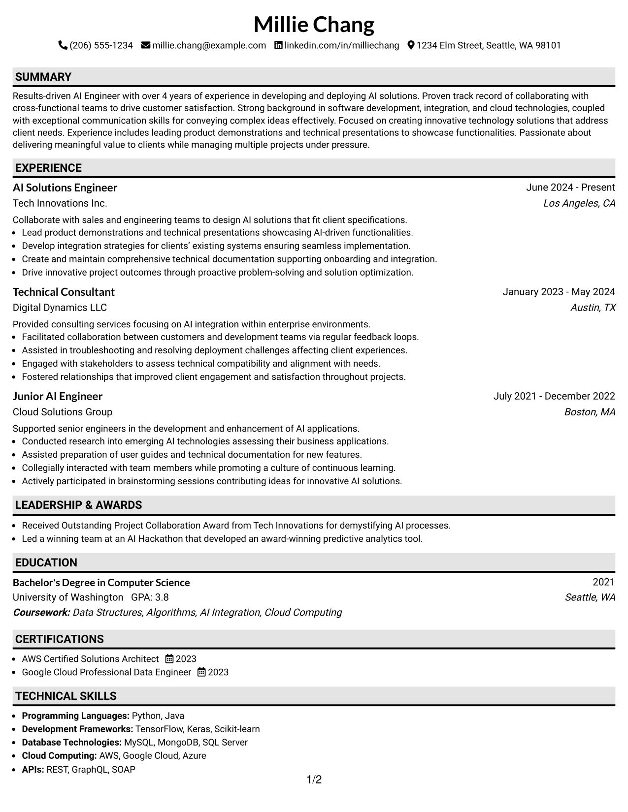 Resume Example Page 1