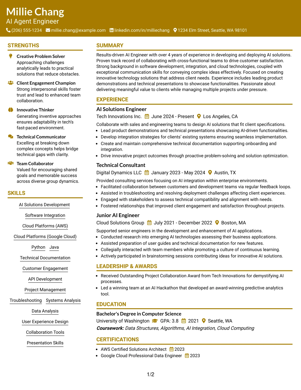 Resume Example Page 1