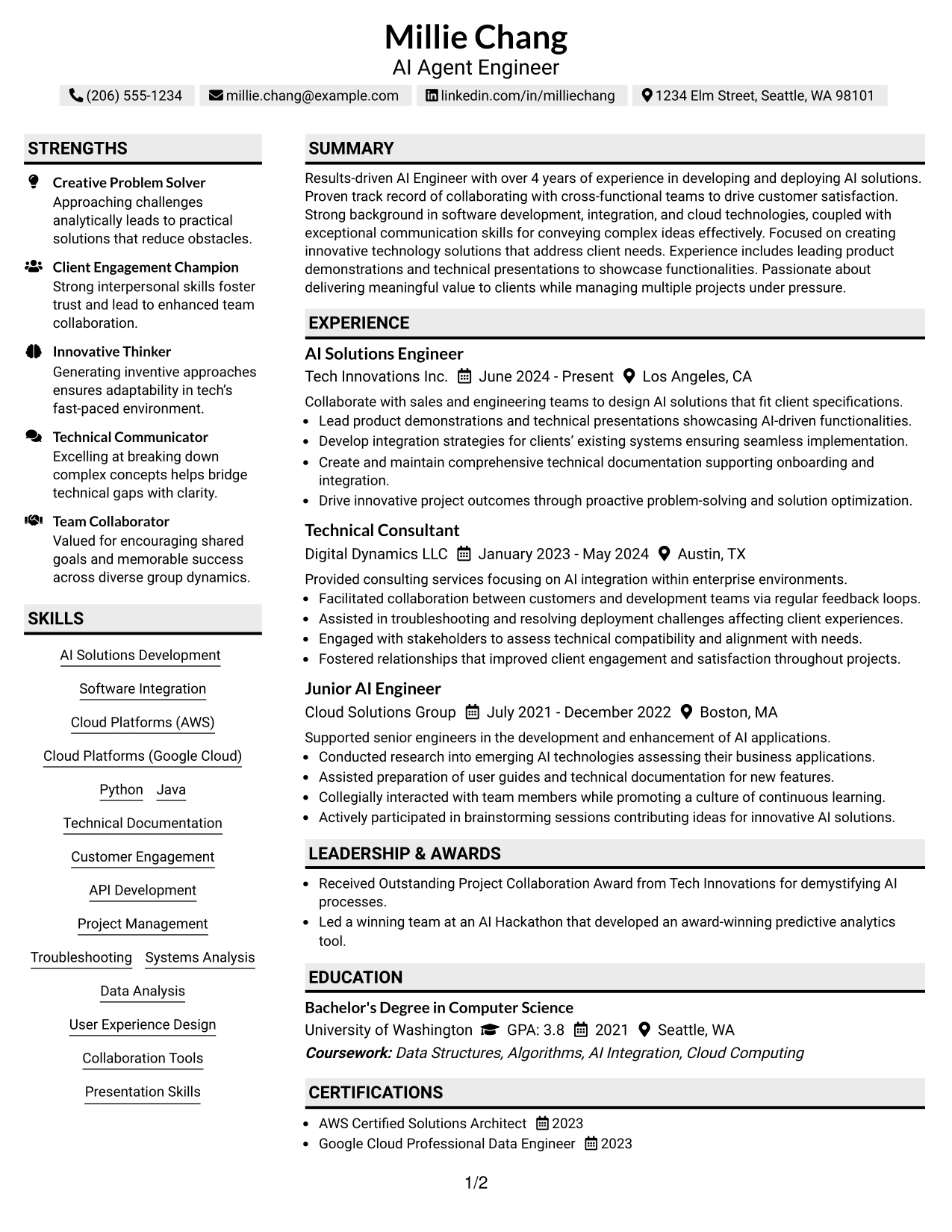 Resume Example Page 1