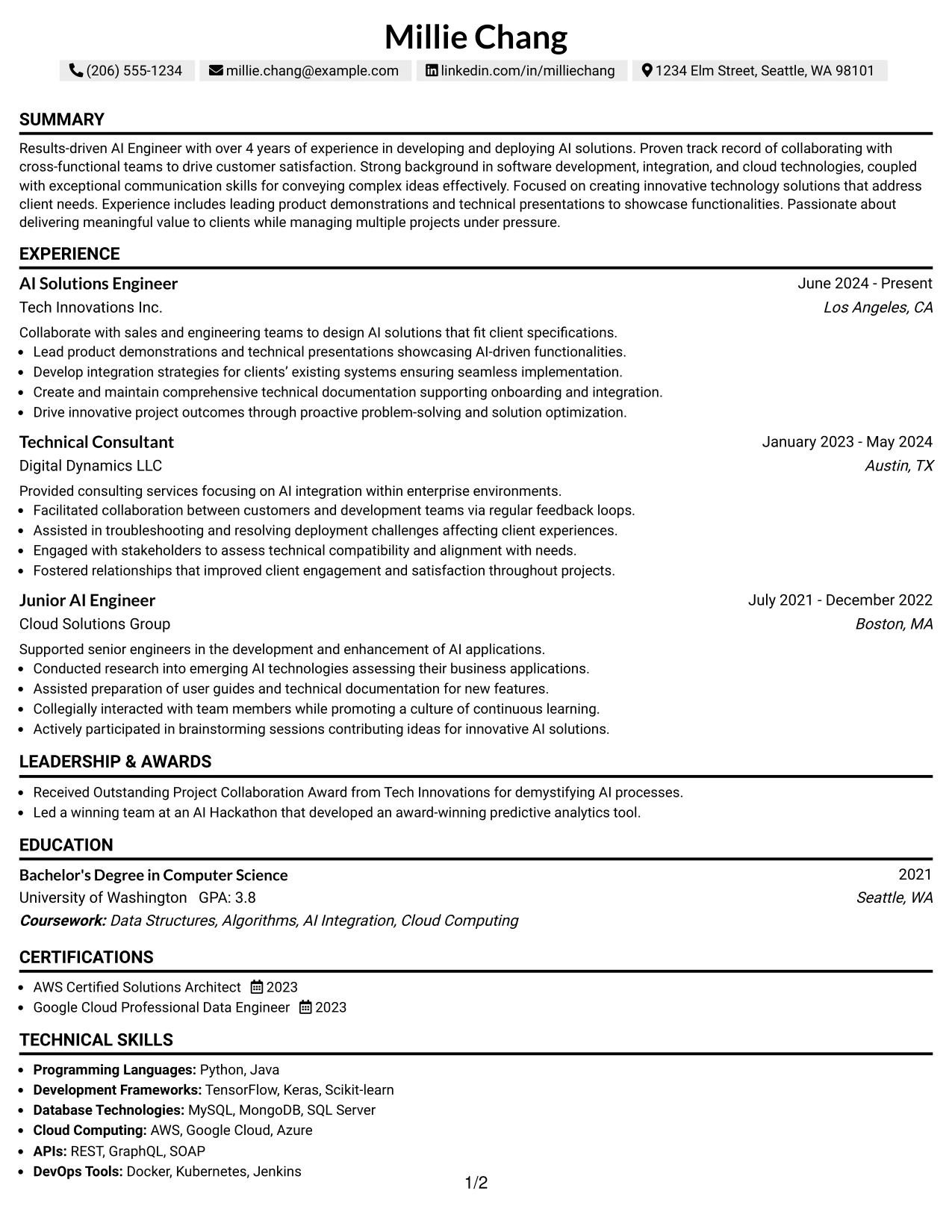 Resume Example Page 1