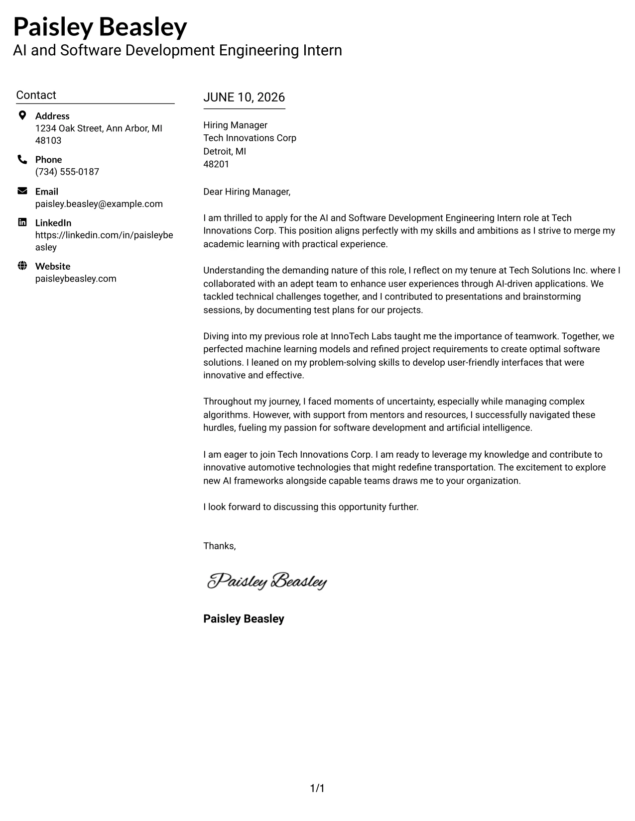 Resume Example Page 1
