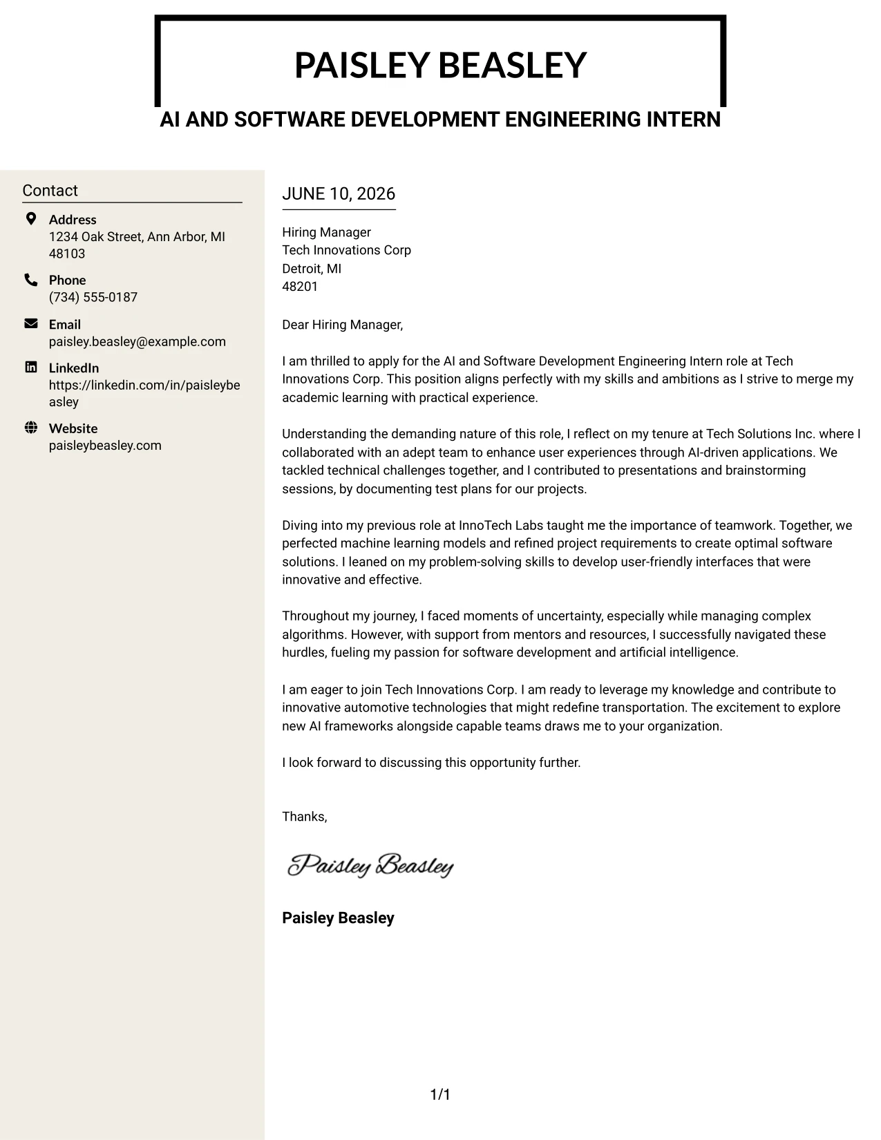 Resume Example Page 1
