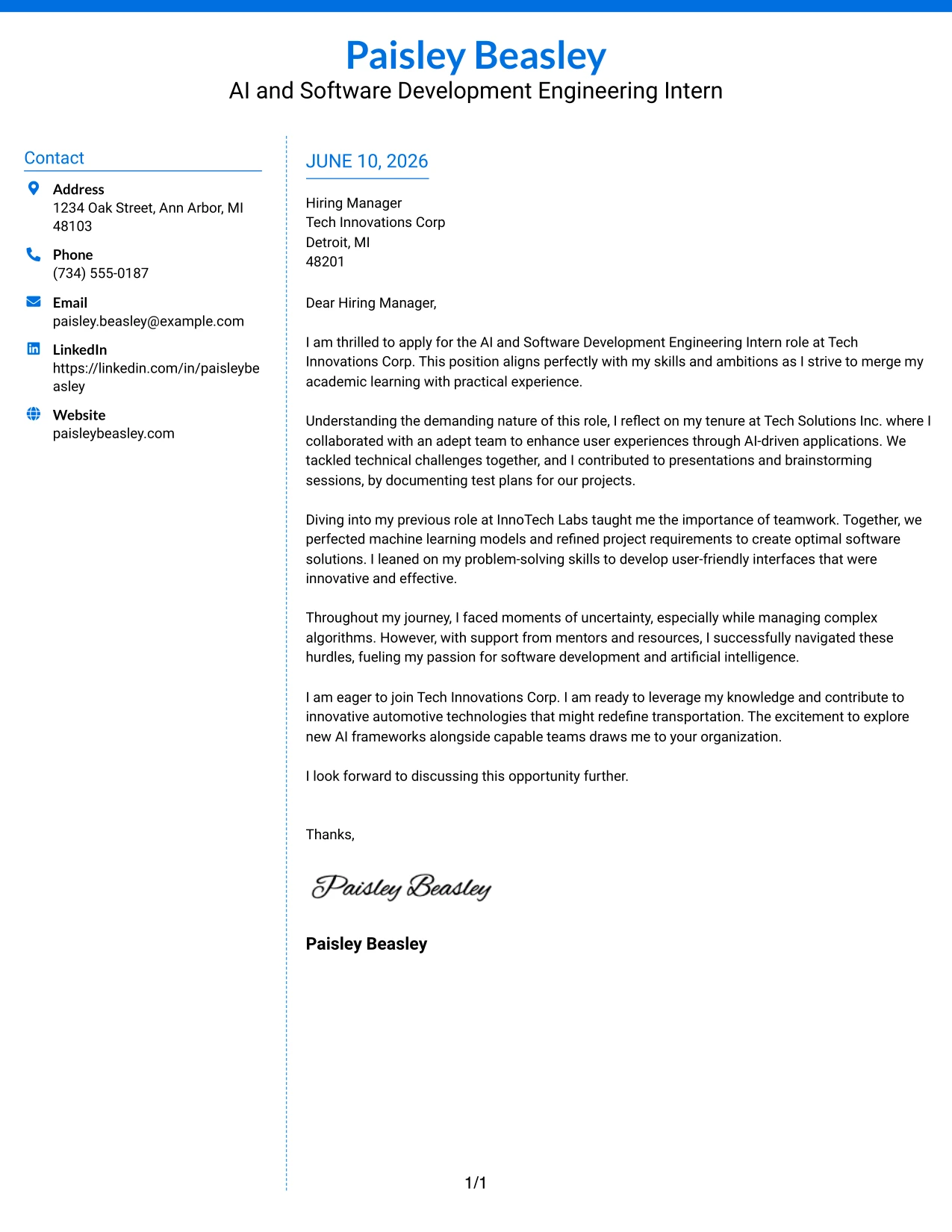 Resume Example Page 1