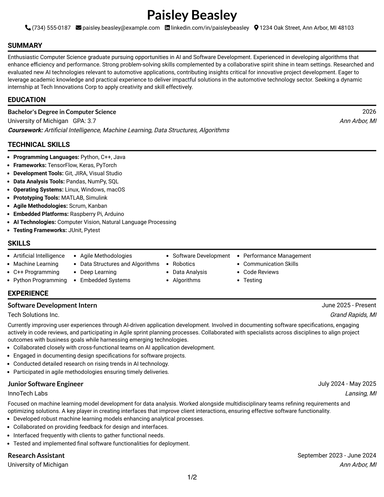 Resume Example Page 1