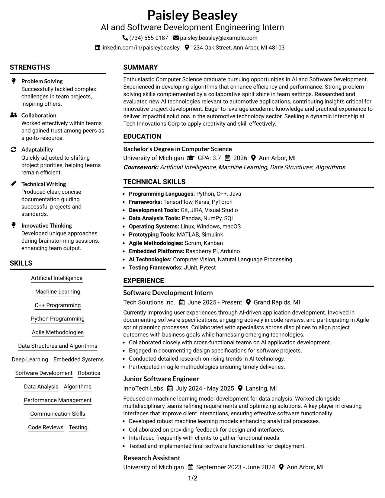 Resume Example Page 1