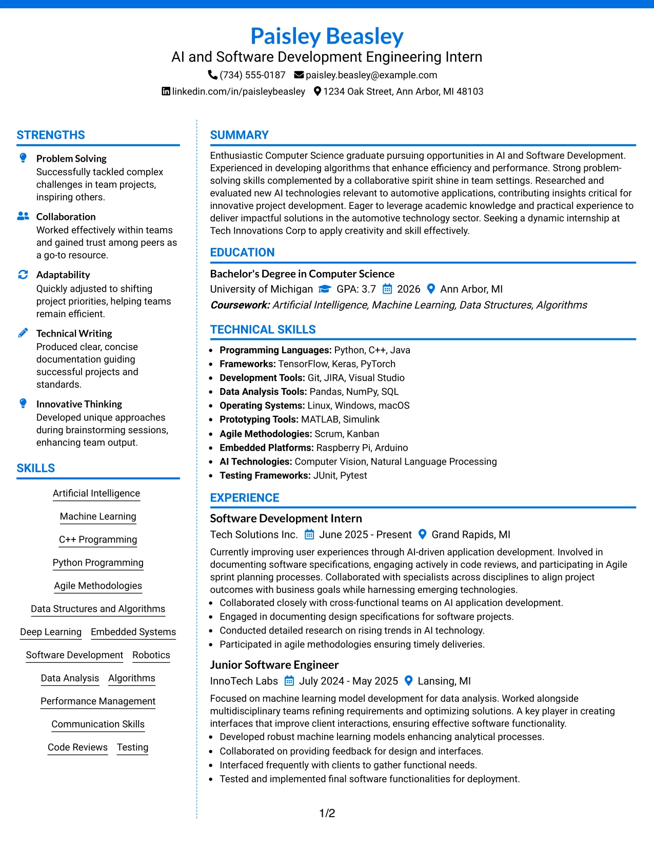 Resume Example Page 1