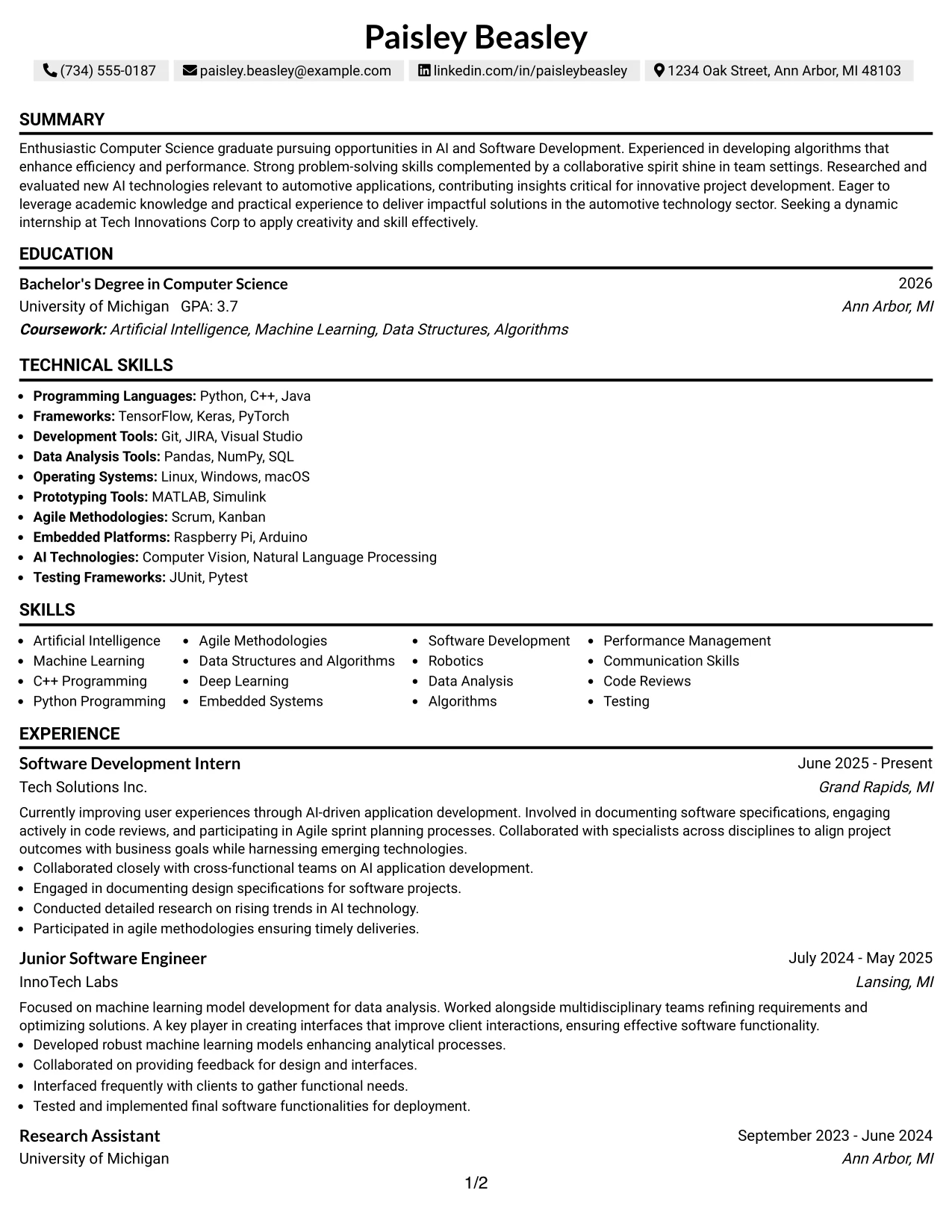 Resume Example Page 1