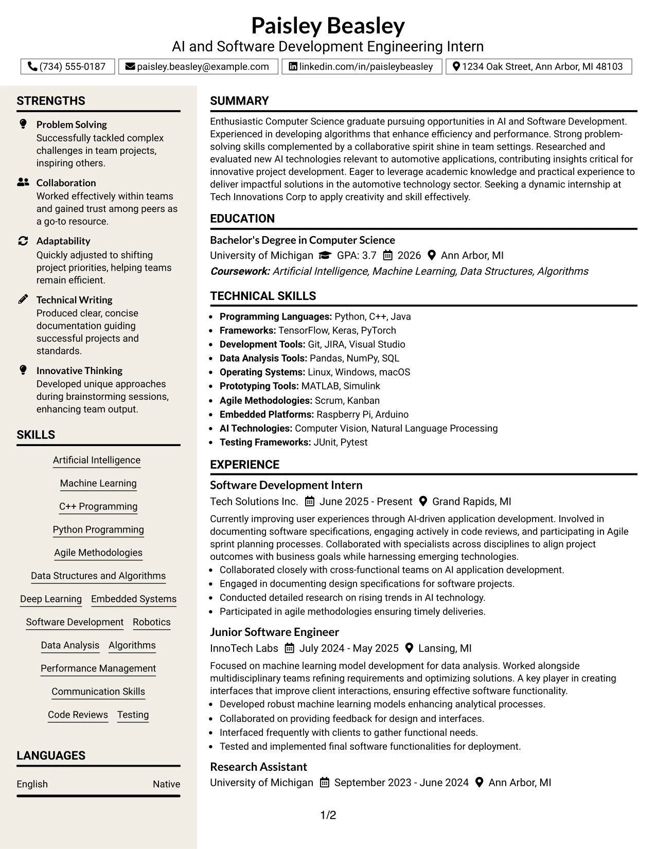 Resume Example Page 1