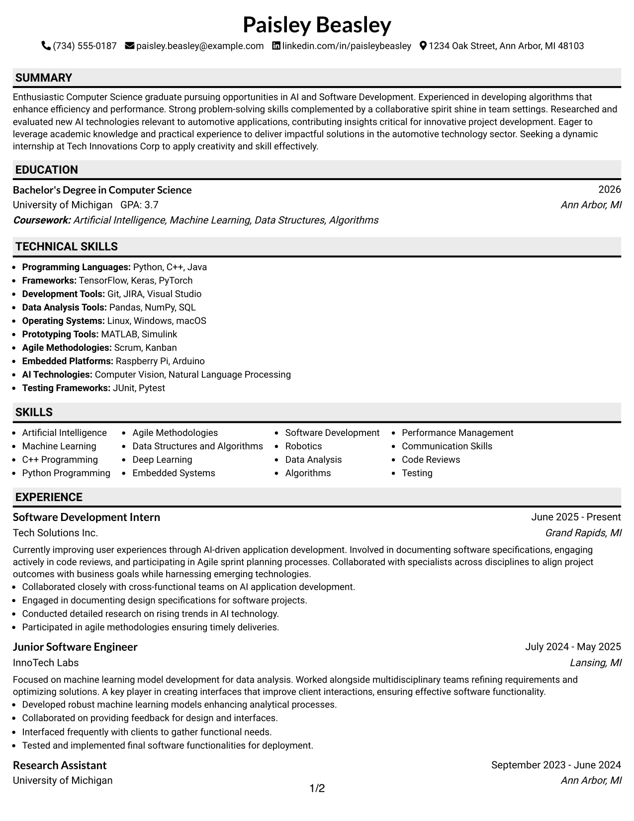 Resume Example Page 1