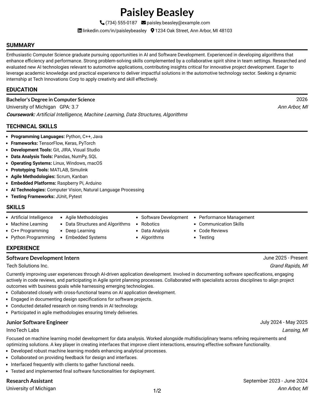 Resume Example Page 1