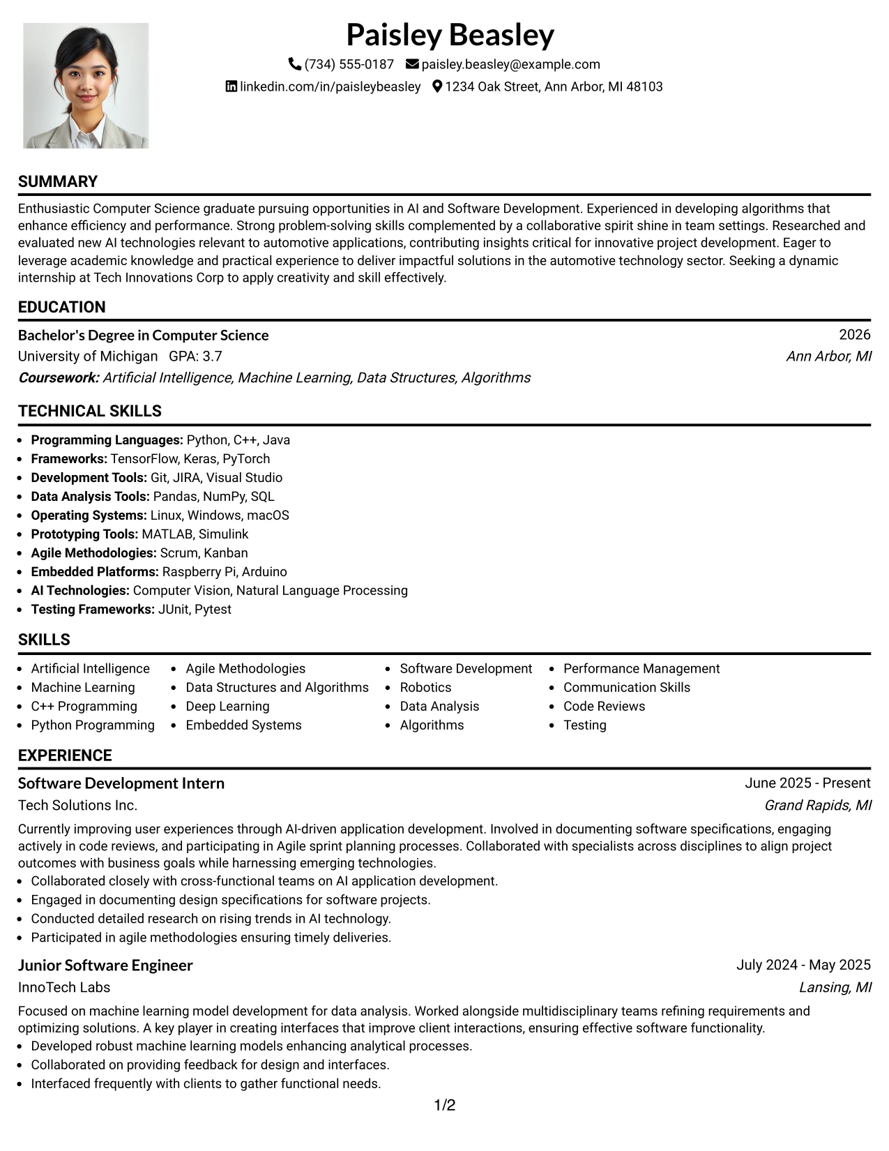 Resume Example Page 1