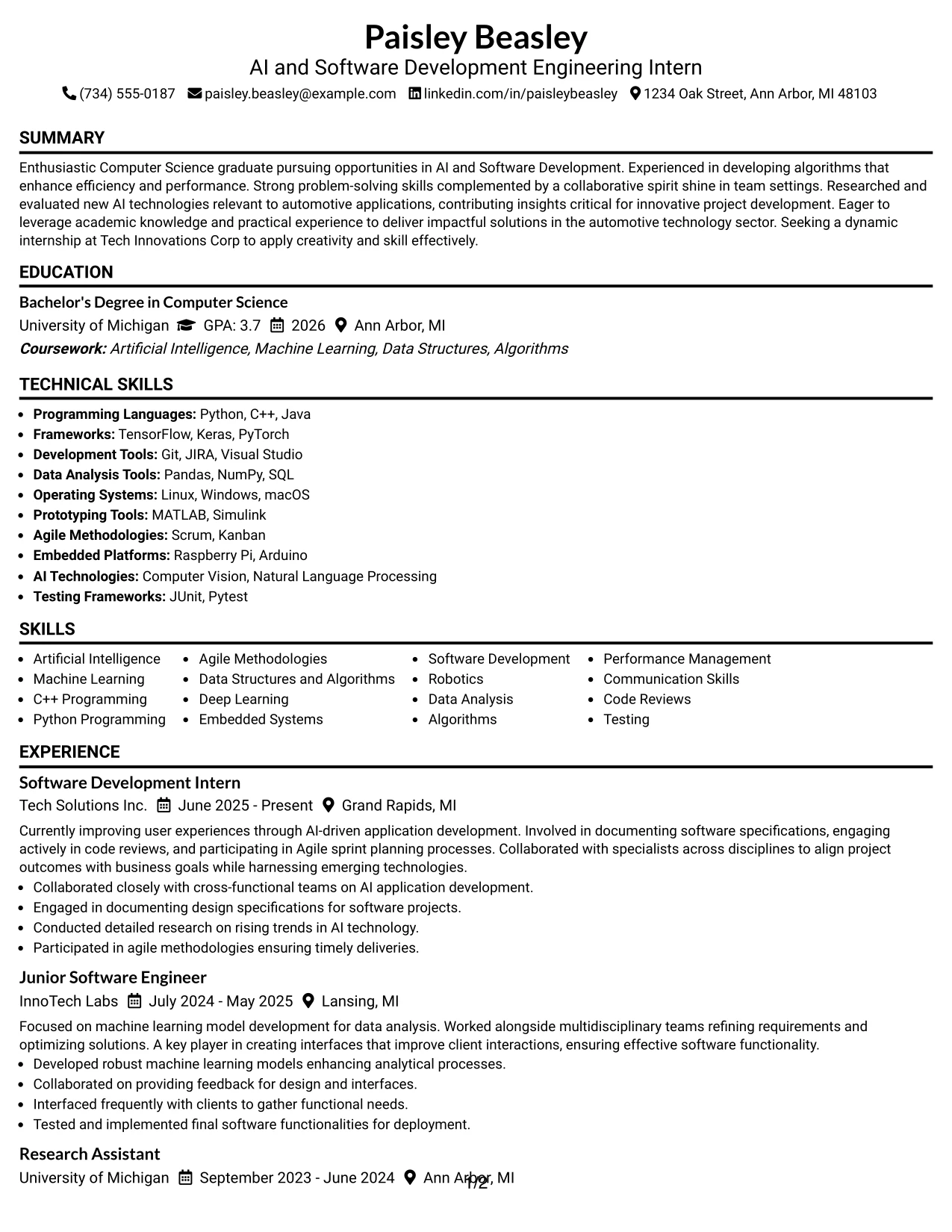 Resume Example Page 1