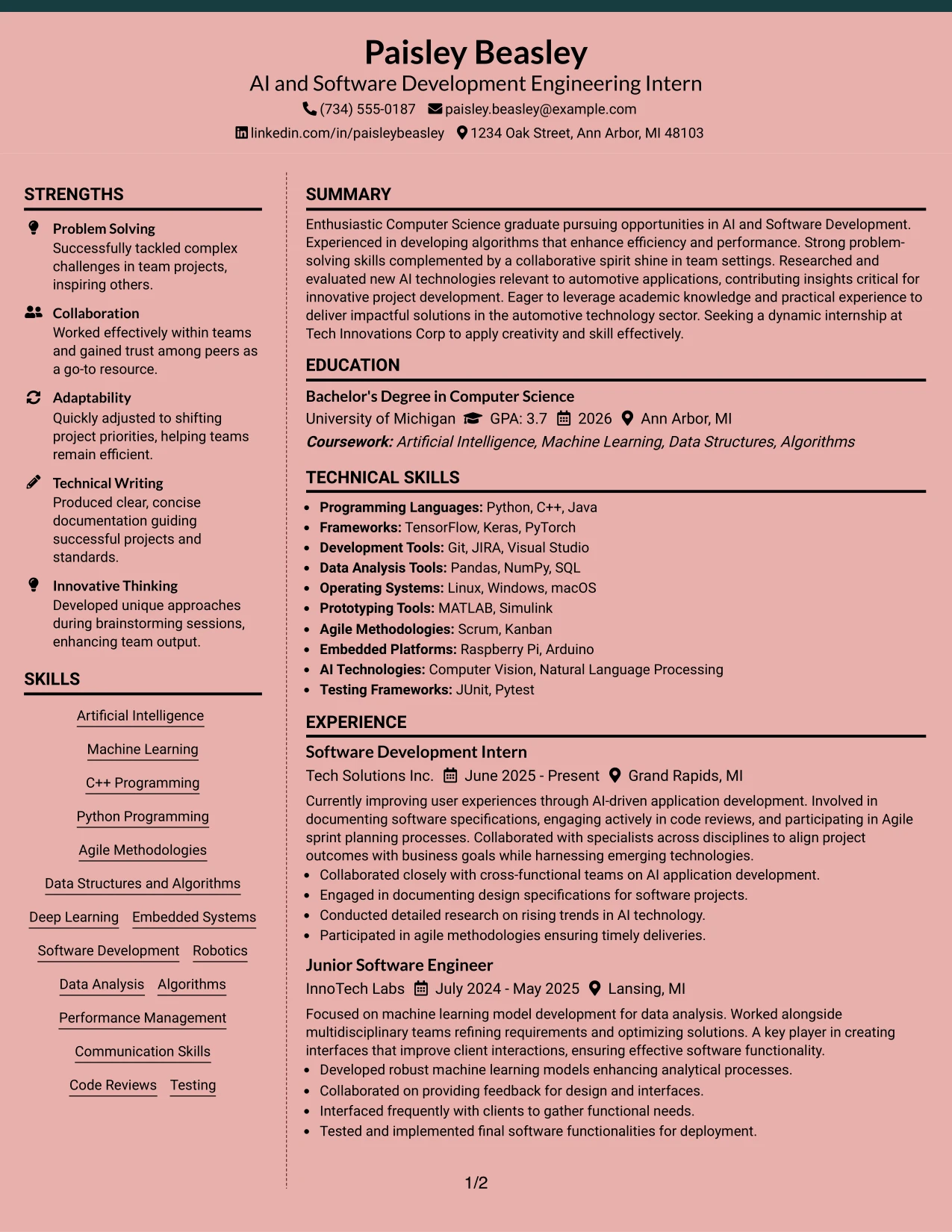 Resume Example Page 1