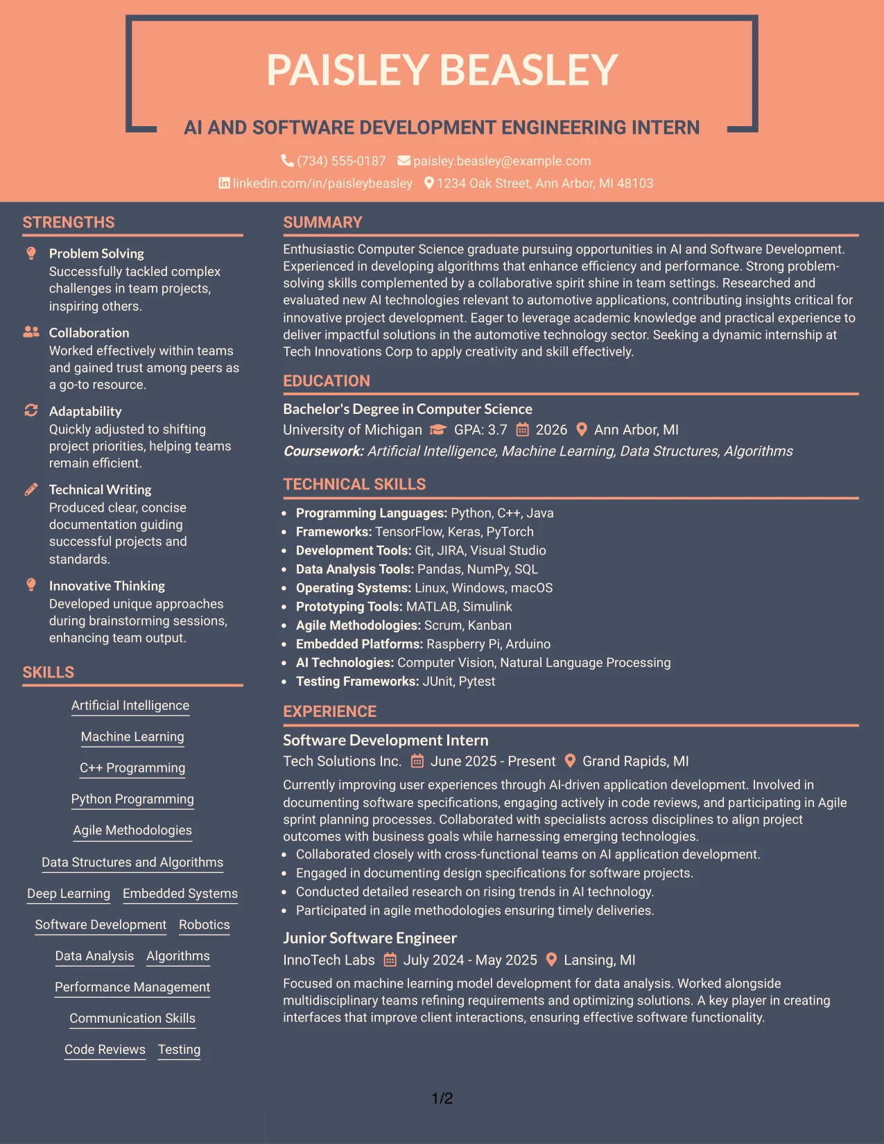 Resume Example Page 1
