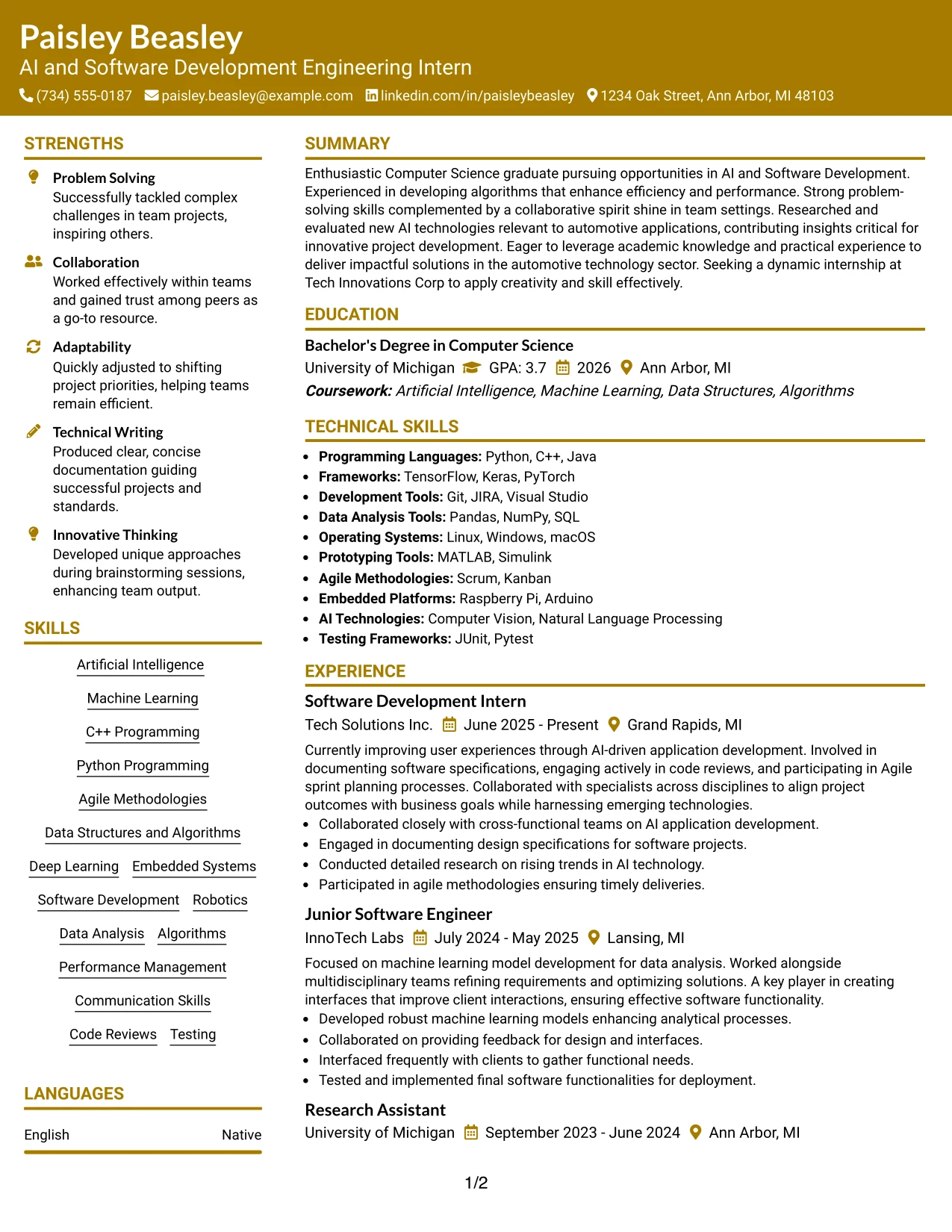 Resume Example Page 1