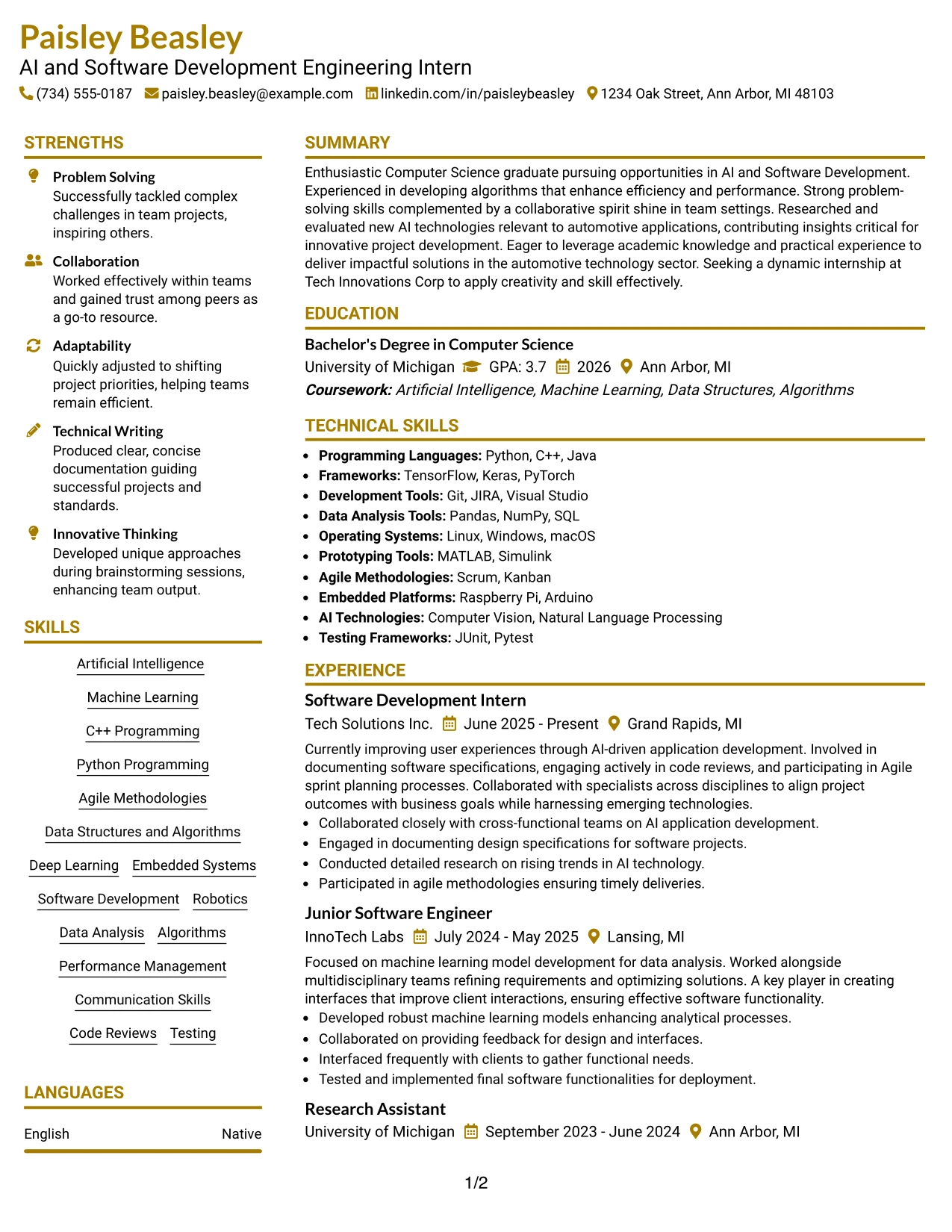 Resume Example Page 1