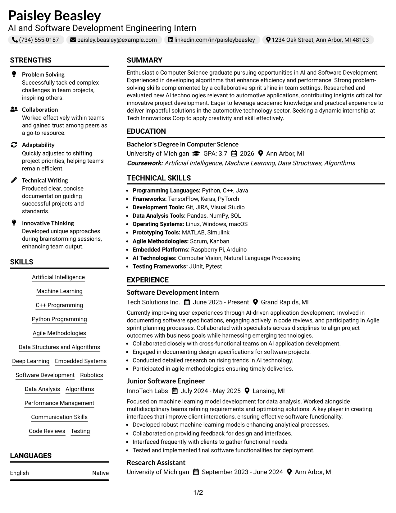 Resume Example Page 1