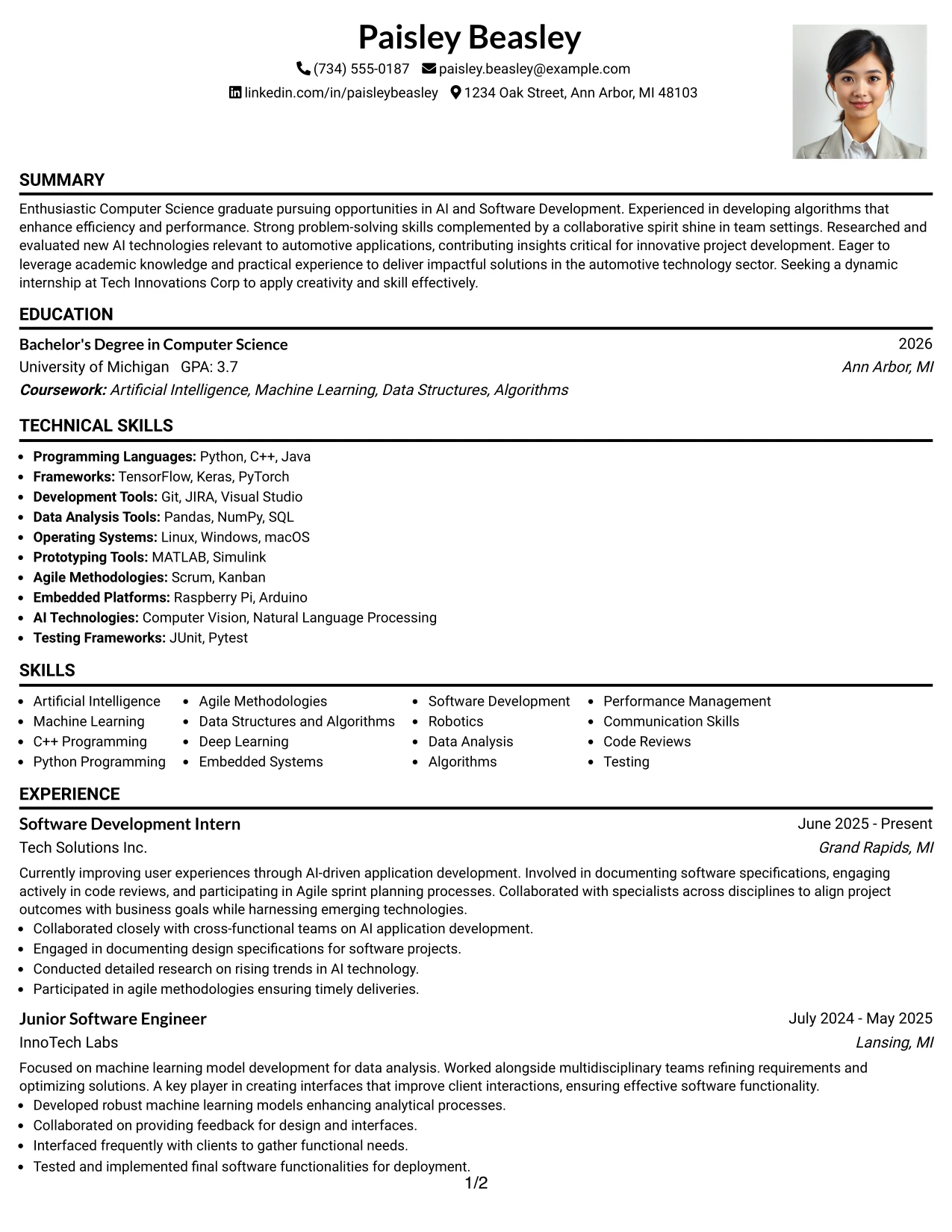 Resume Example Page 1