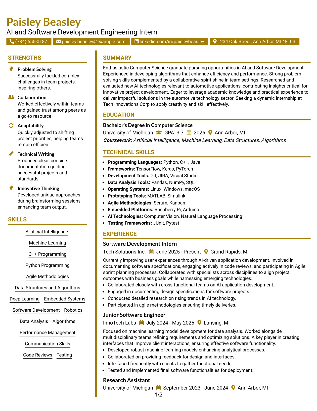 Resume Example Page 1