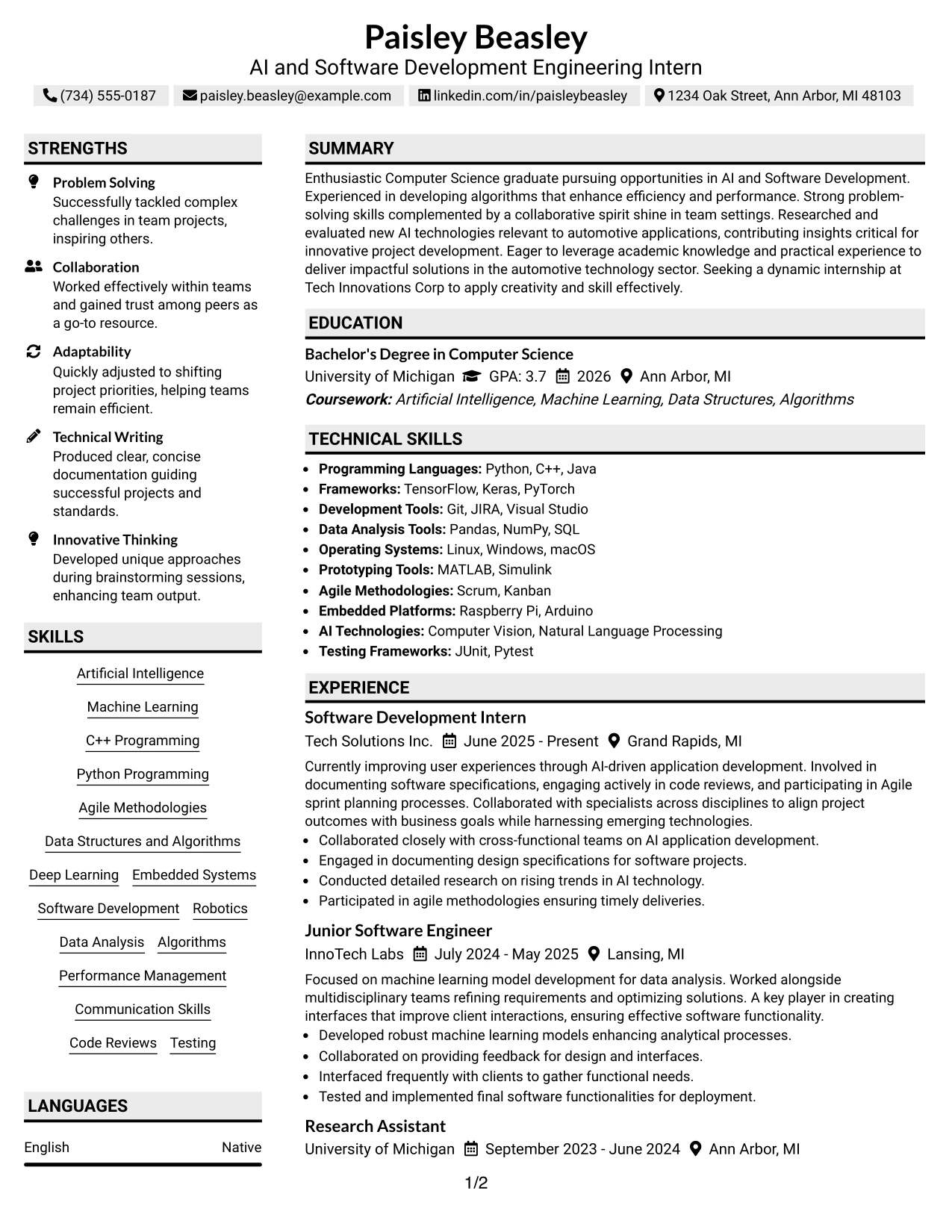 Resume Example Page 1