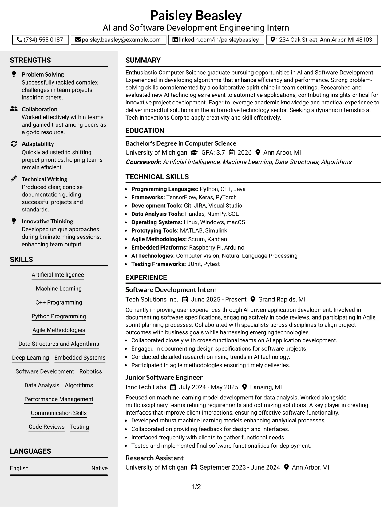 Resume Example Page 1