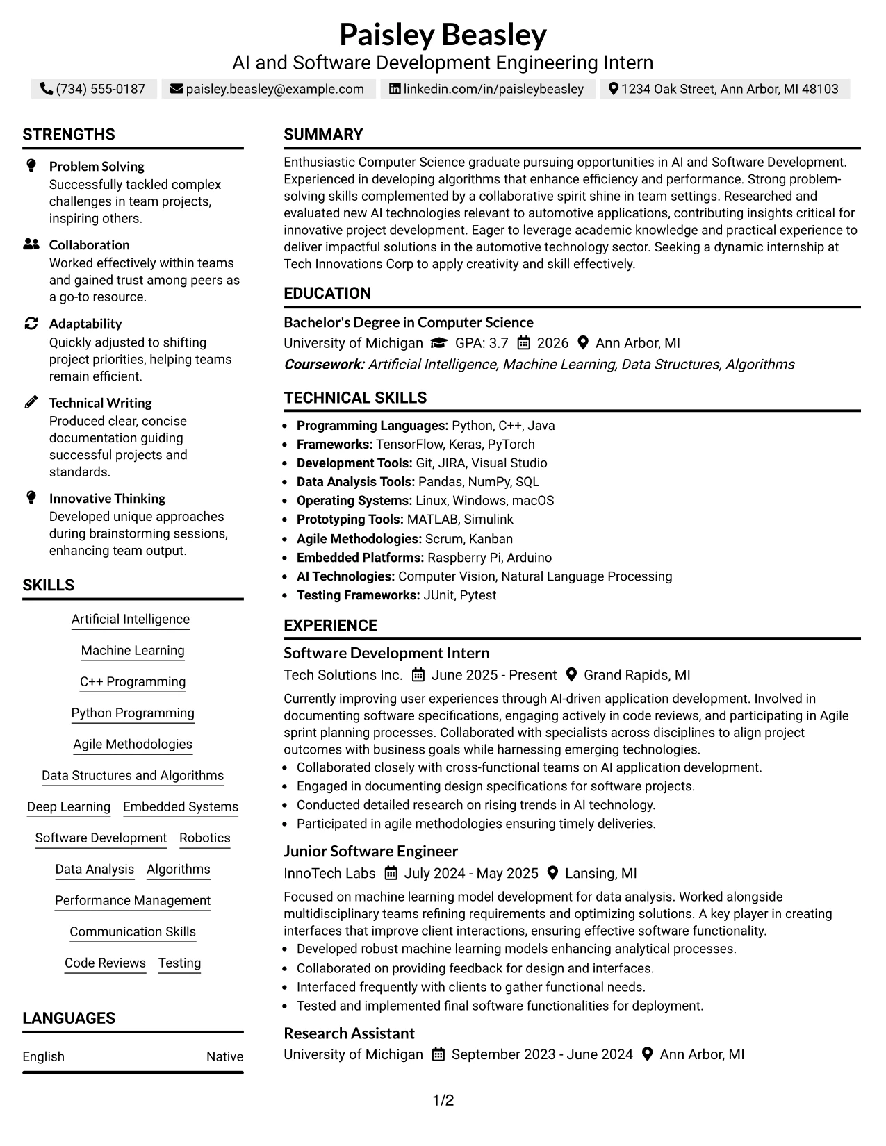 Resume Example Page 1
