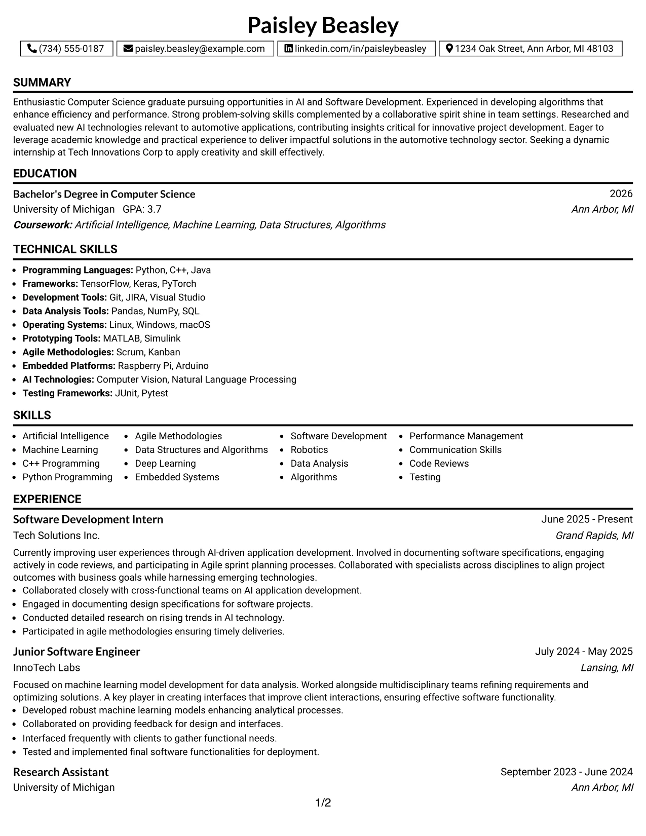Resume Example Page 1