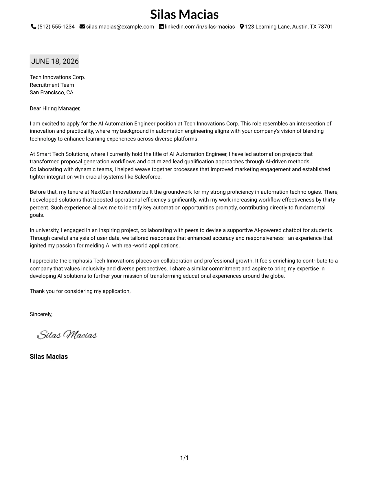 Resume Example Page 1