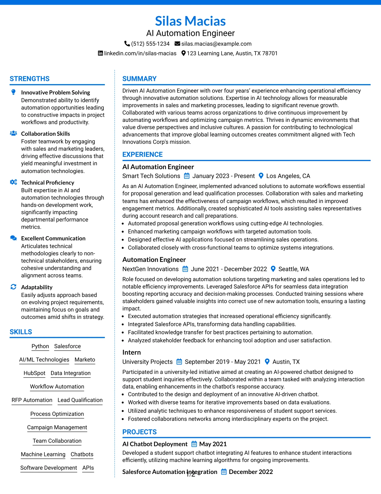 Resume Example Page 1