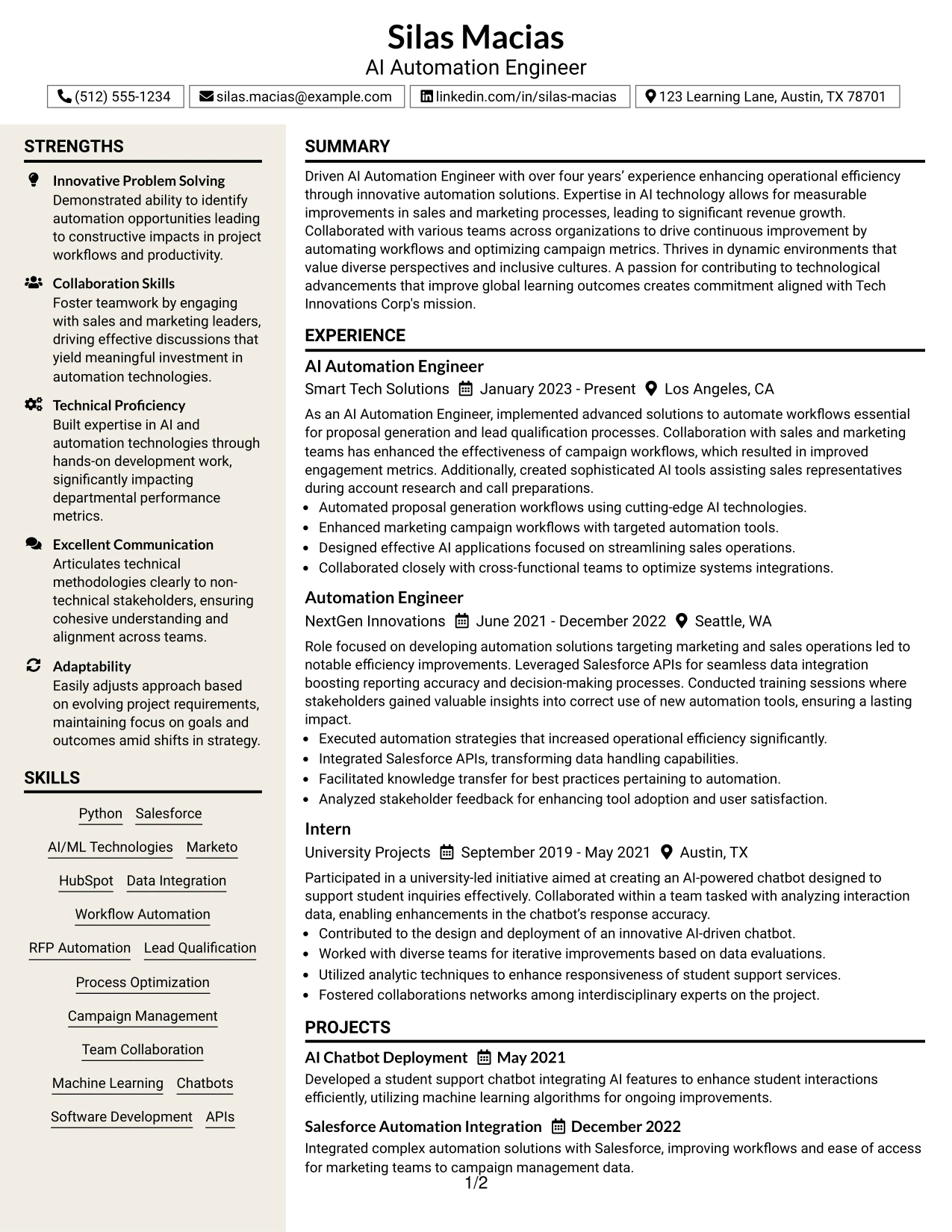 Resume Example Page 1