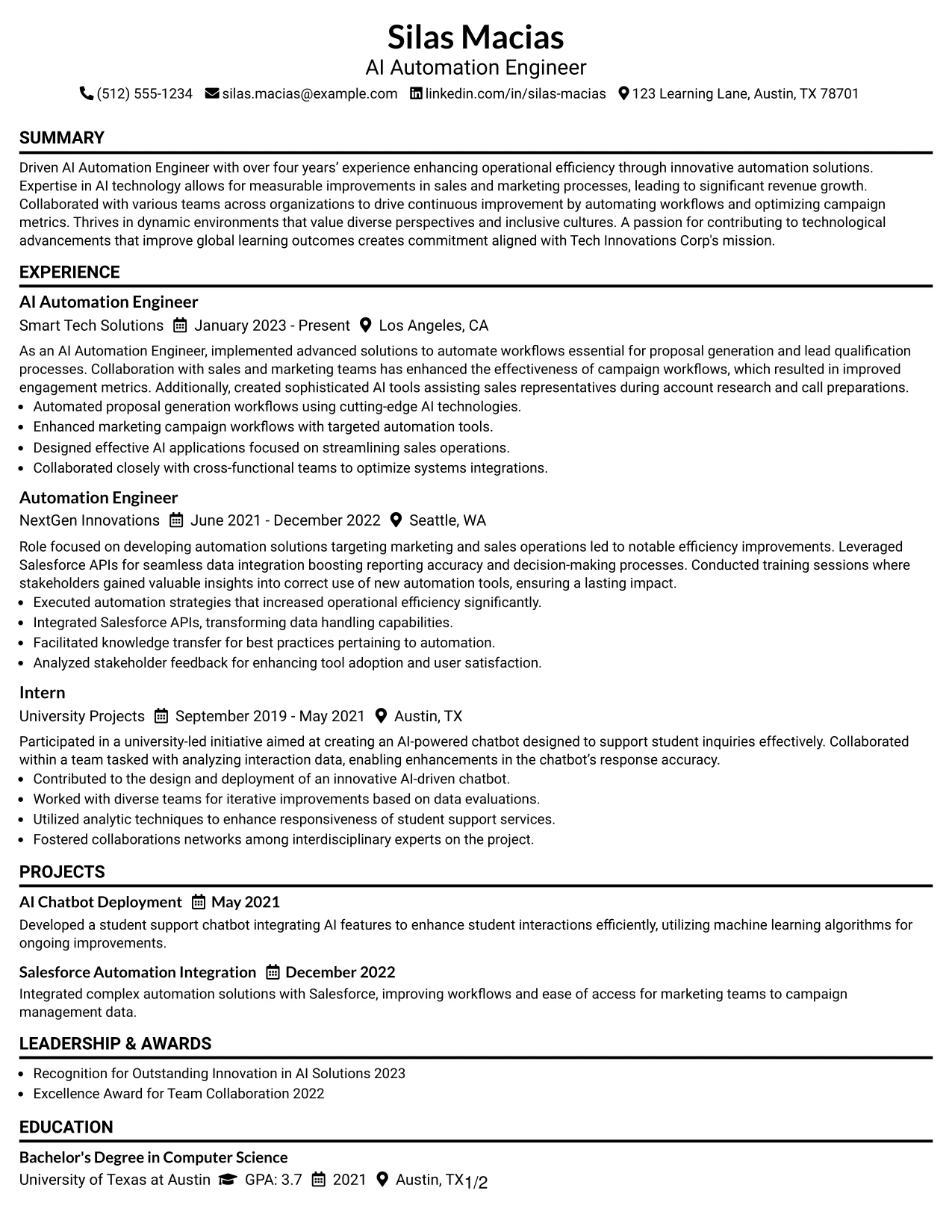 Resume Example Page 1