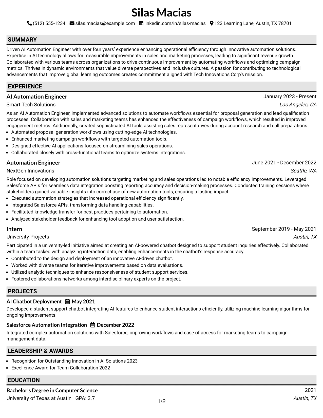 Resume Example Page 1