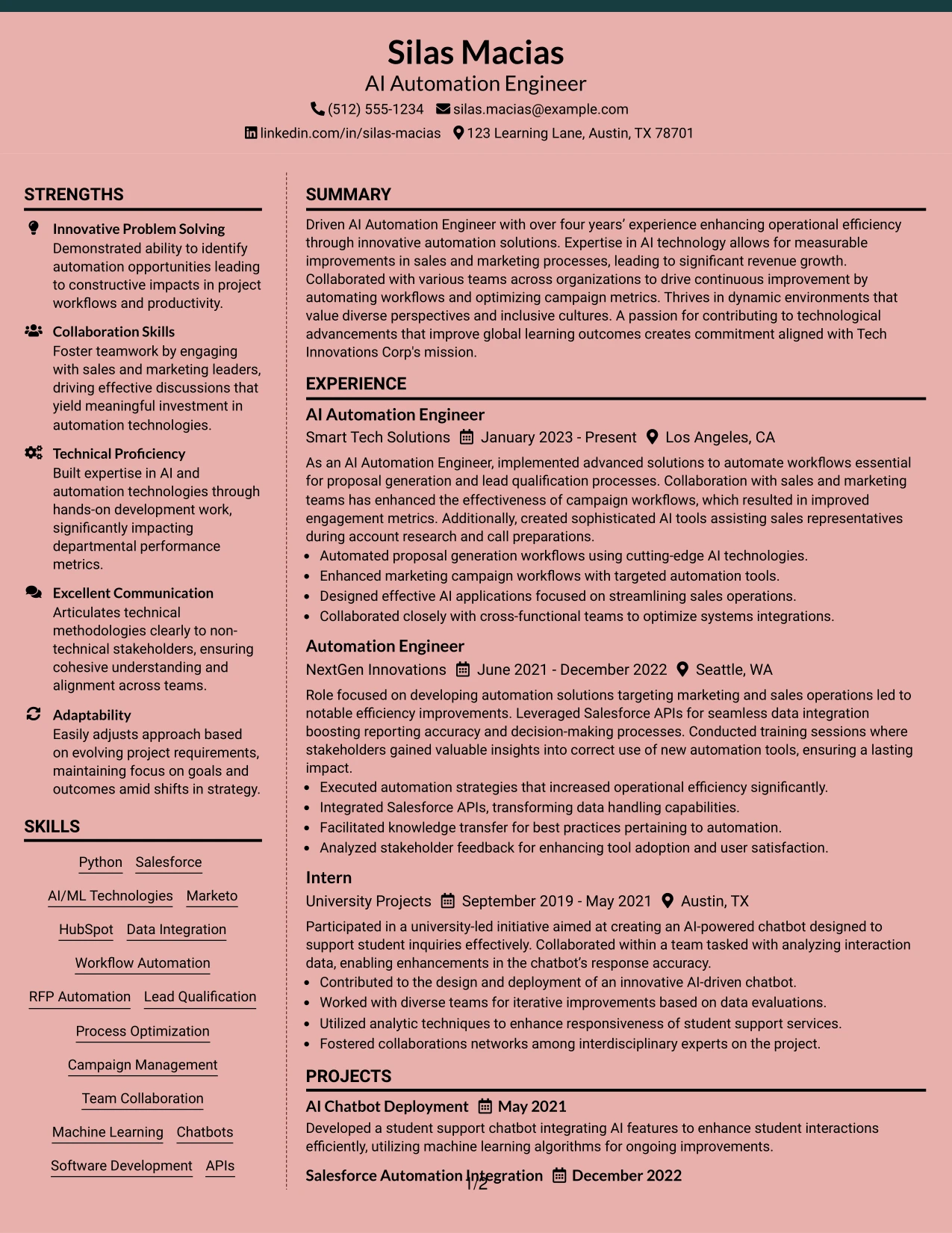 Resume Example Page 1