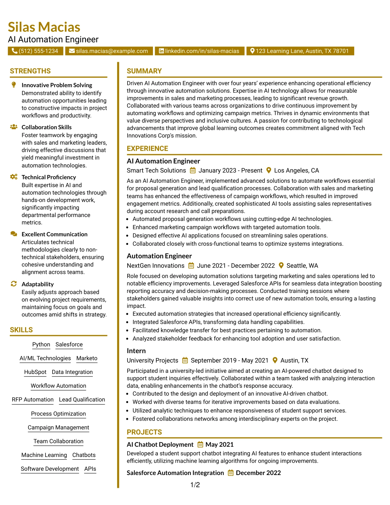 Resume Example Page 1