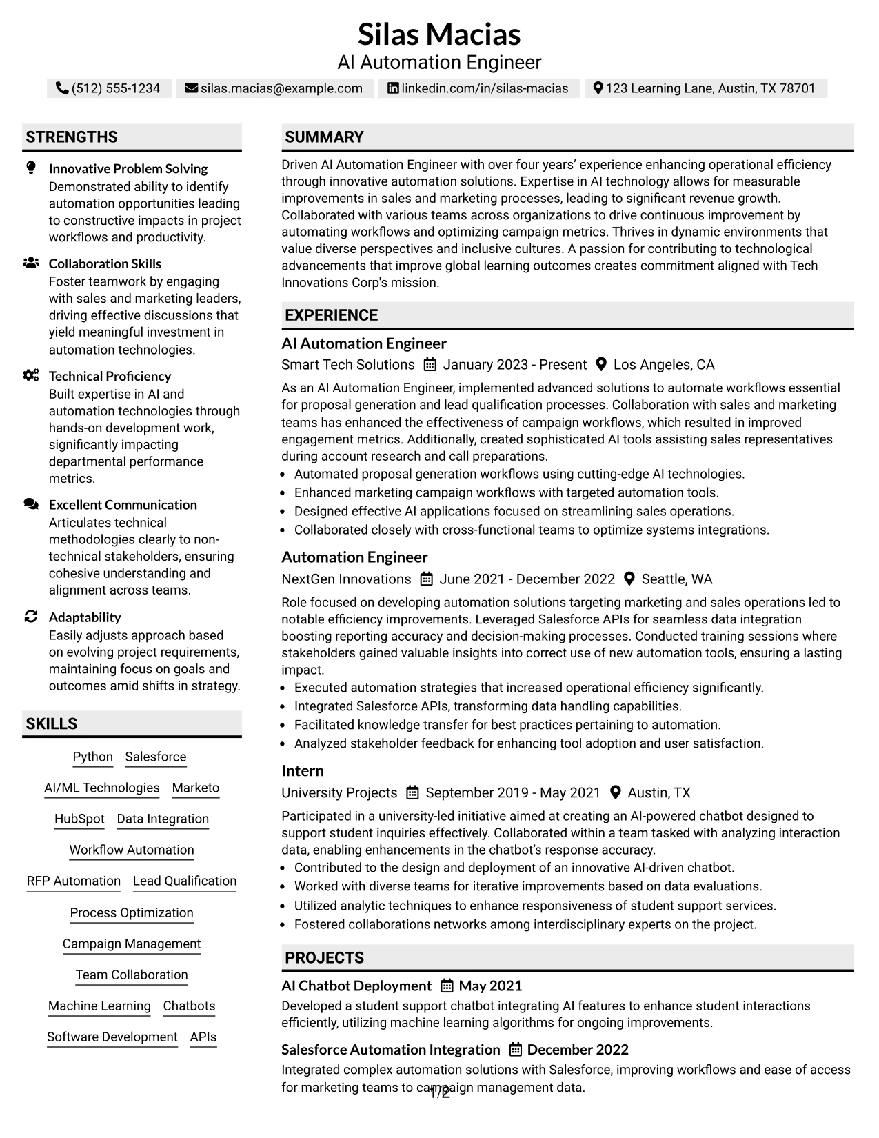 Resume Example Page 1