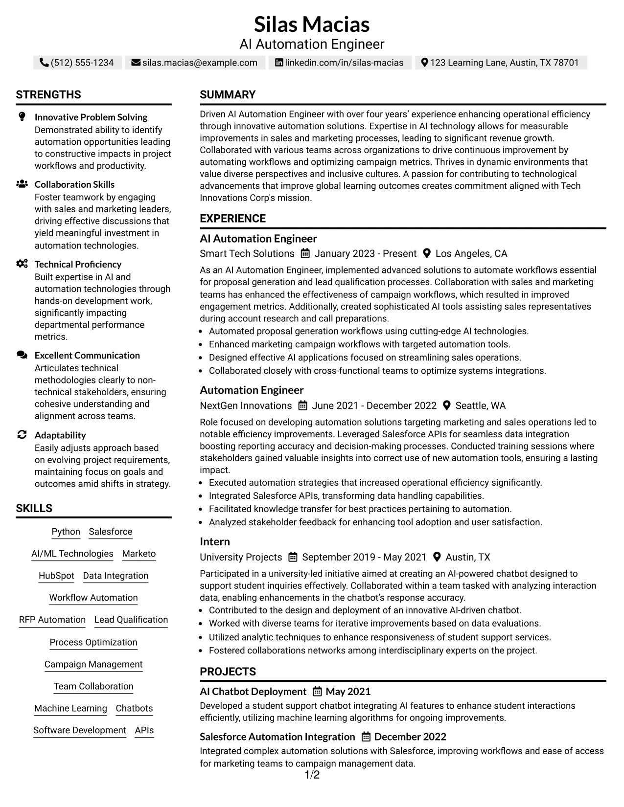 Resume Example Page 1