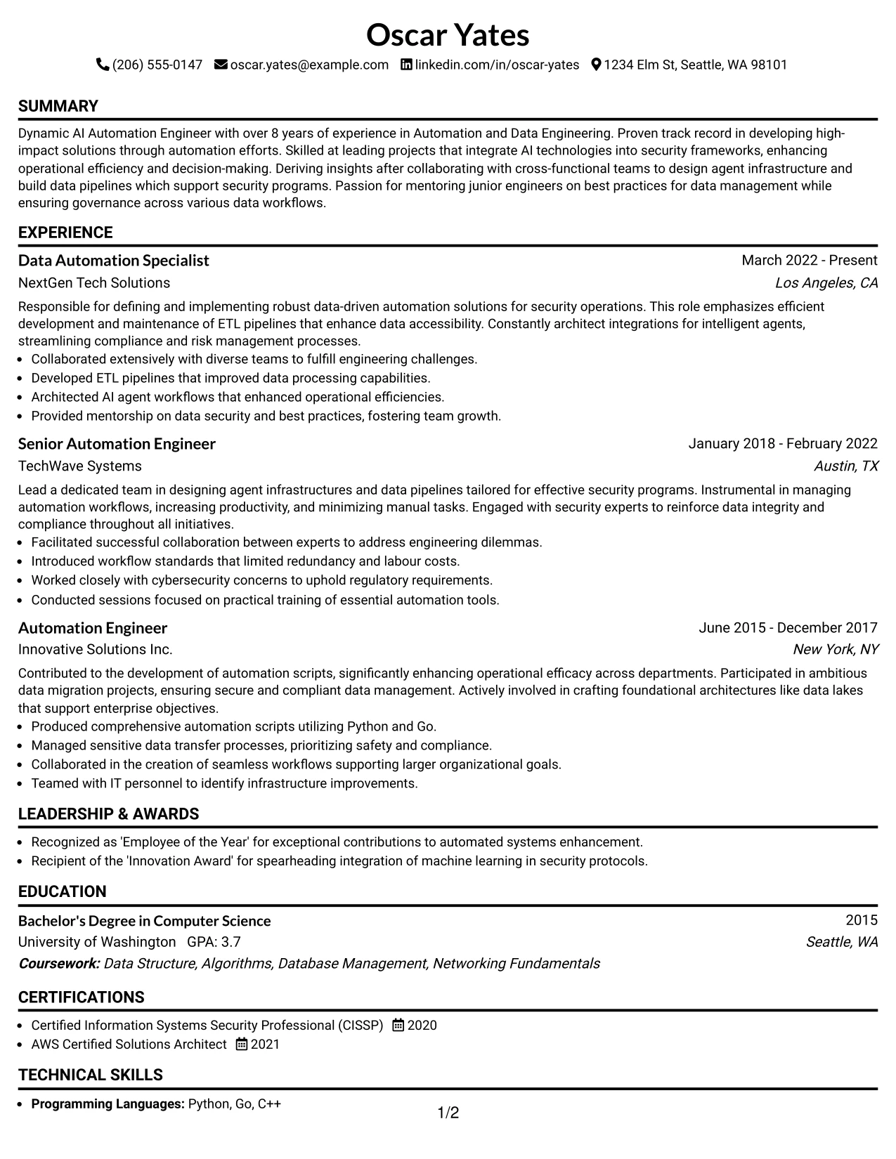 Resume Example Page 1