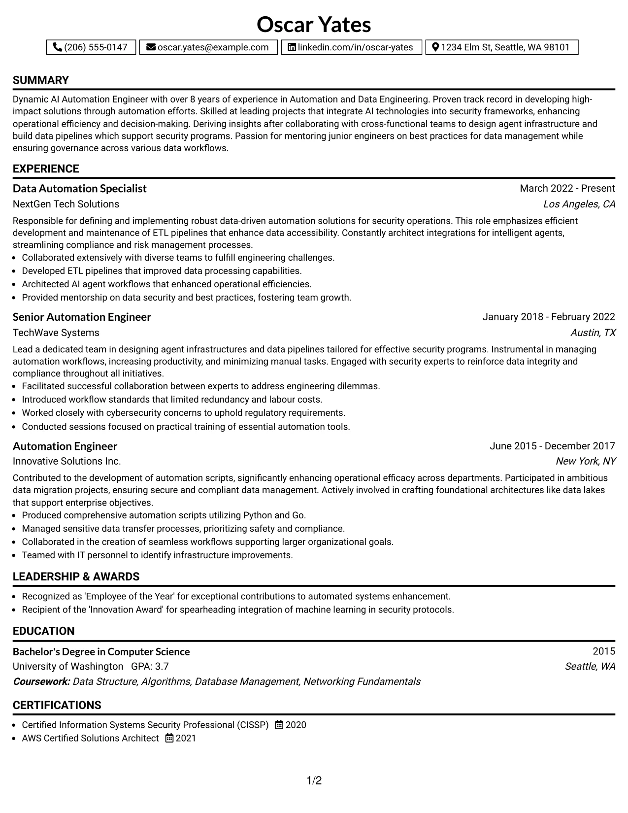Resume Example Page 1
